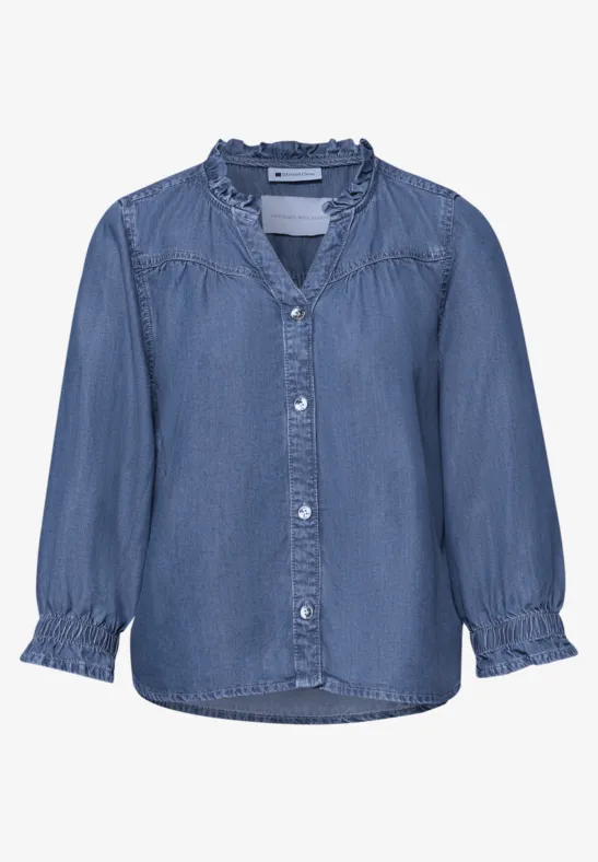 Kurzarm Bluse mit Rüschendetails soft mid blue washed