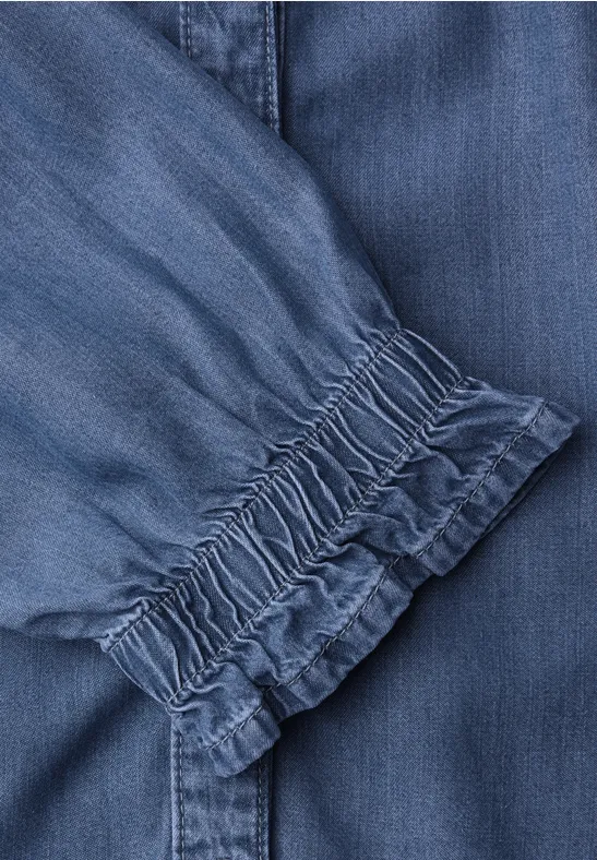 Kurzarm Bluse mit Rüschendetails soft mid blue washed