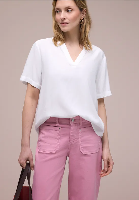 Bluse mit Split Neck und Turn-Up White