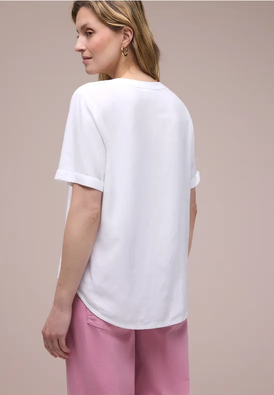 Bluse mit Split Neck und Turn-Up White