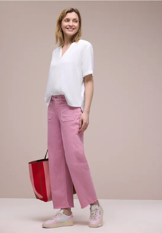 Bluse mit Split Neck und Turn-Up White