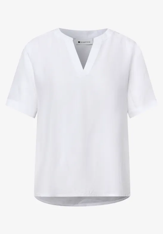 Bluse mit Split Neck und Turn-Up White
