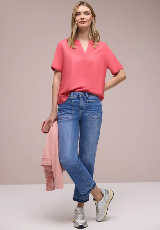 Bluse mit Split Neck und Turn-Up striking coral