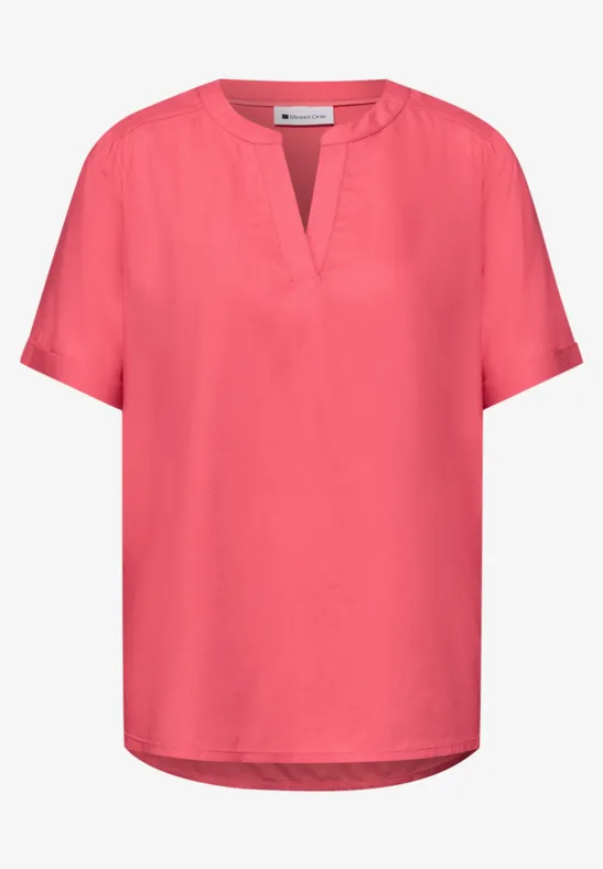 Bluse mit Split Neck und Turn-Up striking coral