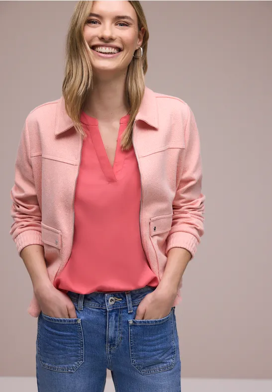 Bluse mit Split Neck und Turn-Up striking coral