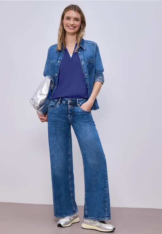 Bluse mit Split Neck und Turn-Up amparo blue