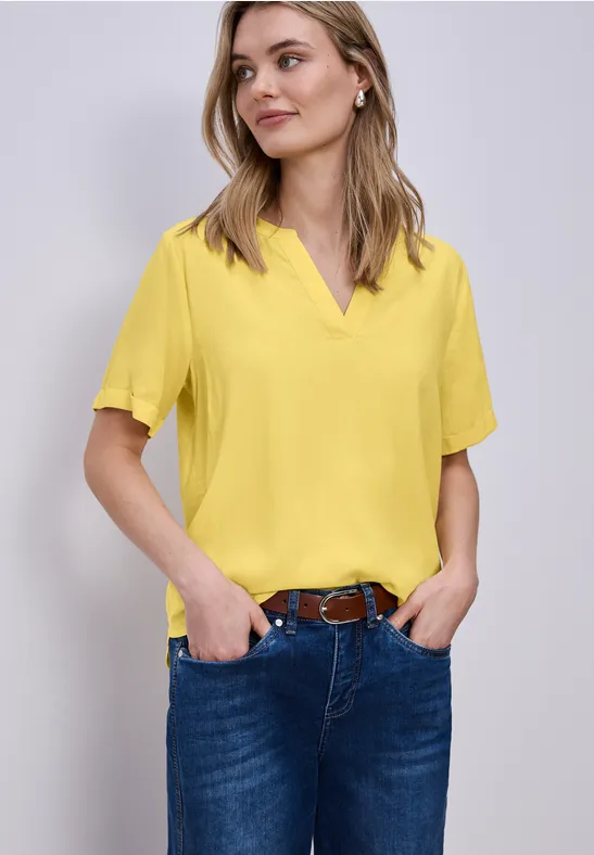 Bluse mit Split Neck und Turn-Up bloom yellow