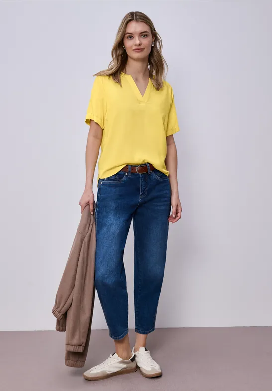 Bluse mit Split Neck und Turn-Up bloom yellow
