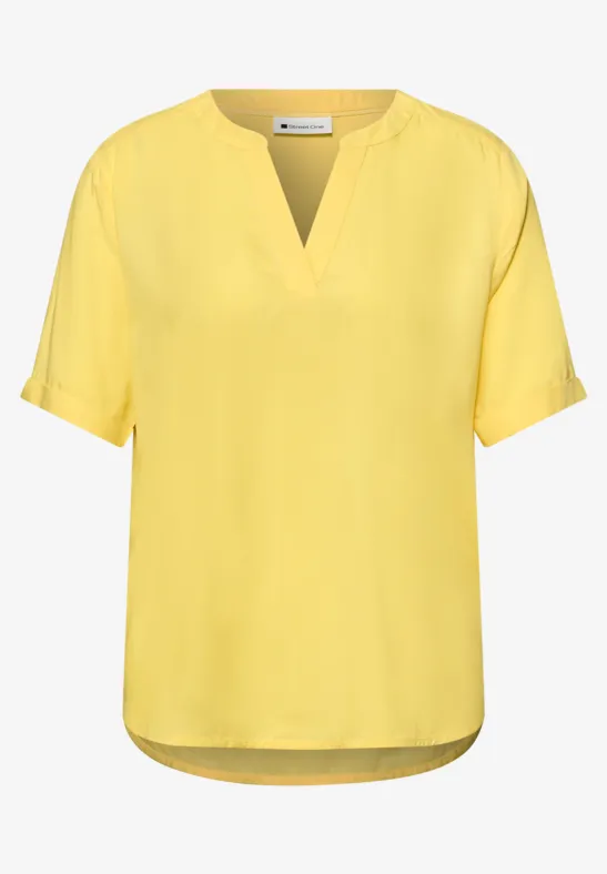 Bluse mit Split Neck und Turn-Up bloom yellow