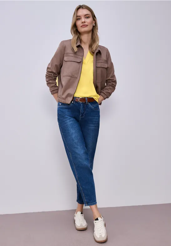 Bluse mit Split Neck und Turn-Up bloom yellow