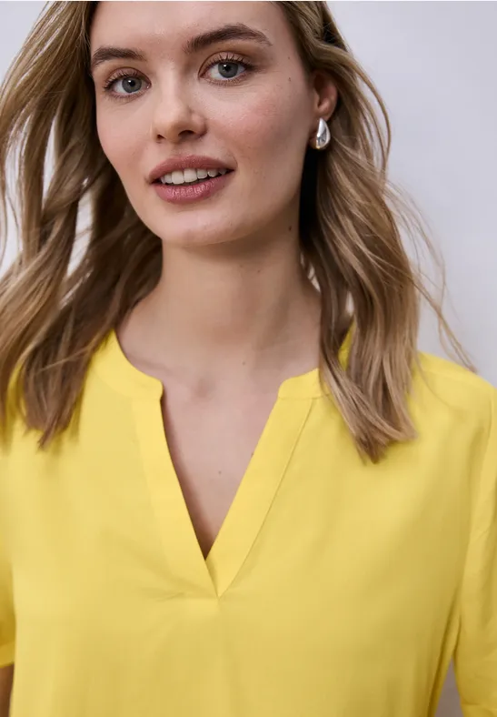 Bluse mit Split Neck und Turn-Up bloom yellow