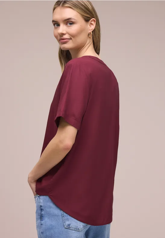 Bluse mit Split Neck und Turn-Up truffle red
