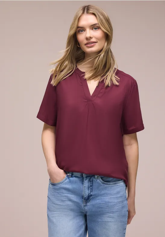 Bluse mit Split Neck und Turn-Up truffle red