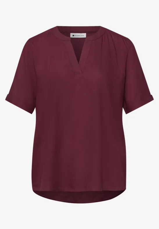 Bluse mit Split Neck und Turn-Up truffle red
