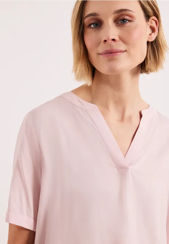 Bluse mit Split Neck und Turn-Up minimal rose