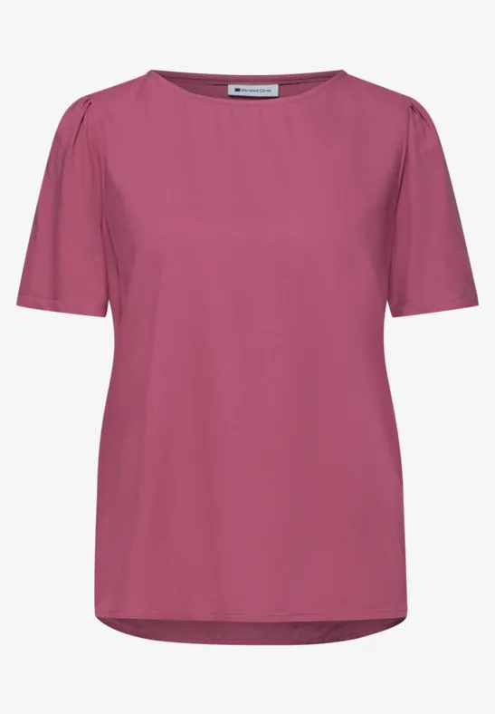 Schlichtes, kurzärmeliges Damen-T-Shirt in Pink mit Rundhalsausschnitt.