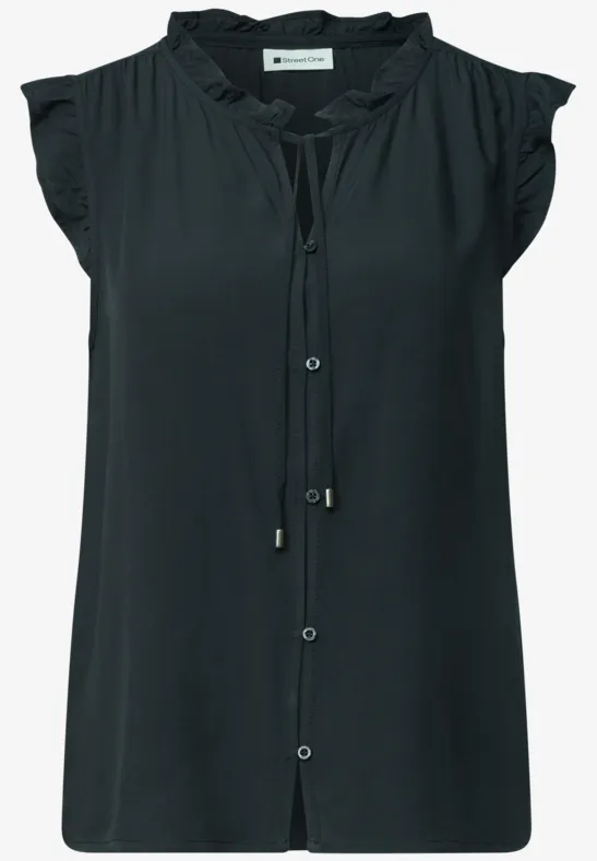 Schwarze, ärmellose Bluse mit verdeckter Knopfleiste und Bändchen am V-Ausschnitt.