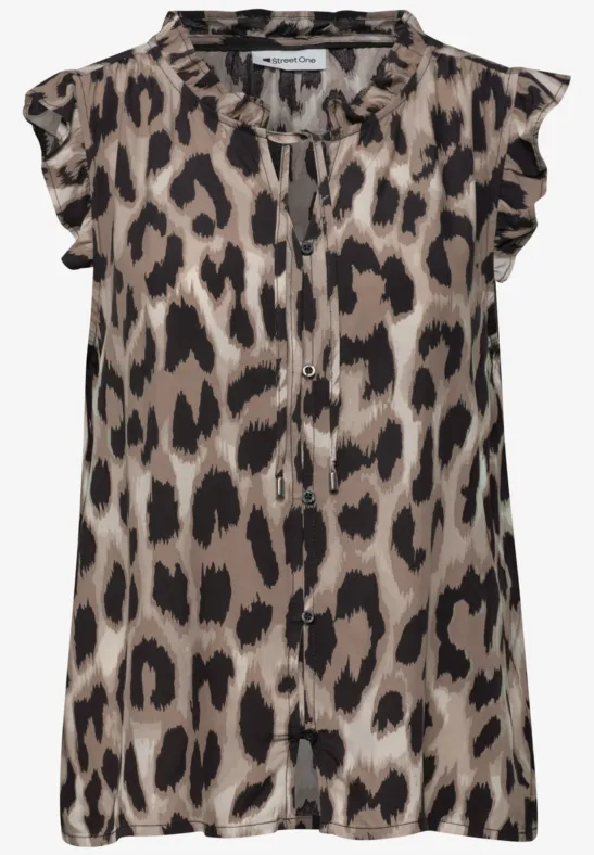 Luipaardprint blouse met geschulpte mouwtjes en striksluiting