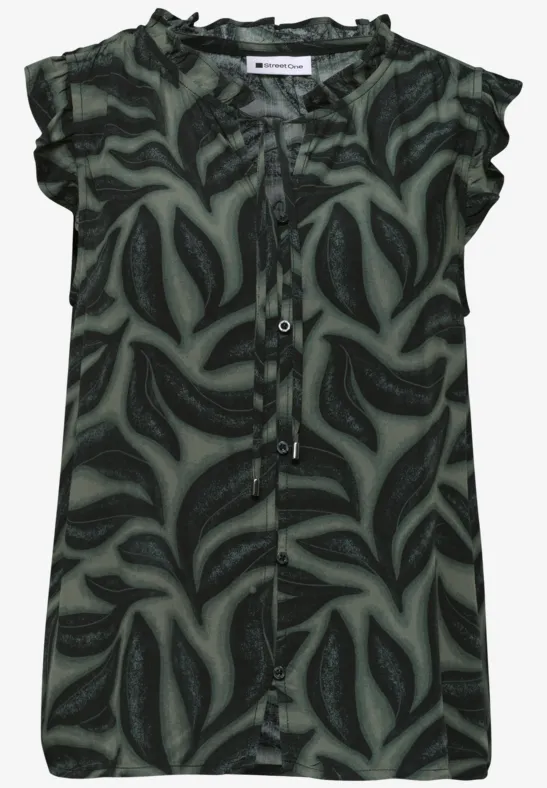 Donkergroene blouse met ruches bij de mouwen en abstracte bladprint.
