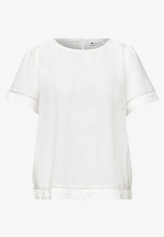 Wit dames-T-shirt met korte mouwen, ronde hals en elastische zoom.