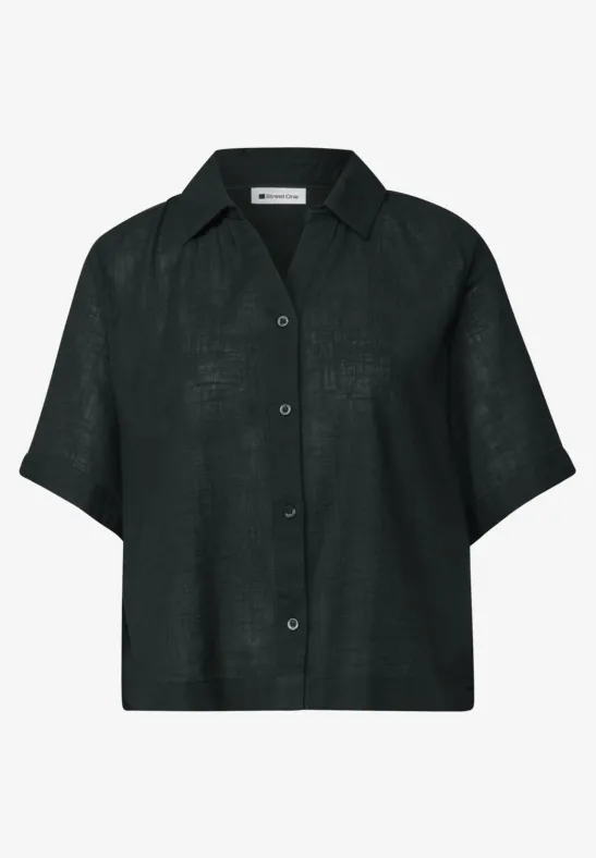 Schwarze Bluse mit kurzen Ärmeln, Kragen und durchgehender Knopfleiste in lockerem Schnitt