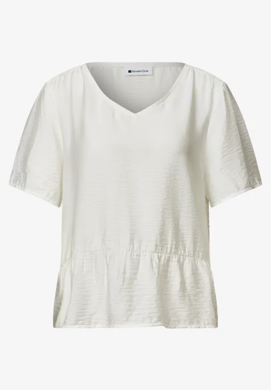 Weißes Damen-T-Shirt mit V-Ausschnitt, kurzen Ärmeln und gerafftem Bund.