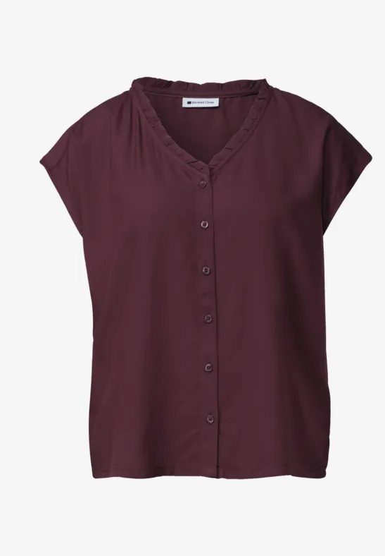 Eenvoudig damesblouse met korte mouwen in donkerpaars en knoopsluiting voor.
