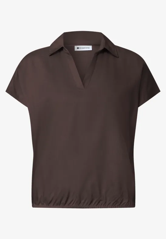 Dunkelbraunes, kurzärmeliges Damen-Shirt mit V-Ausschnitt und elastischem Saum