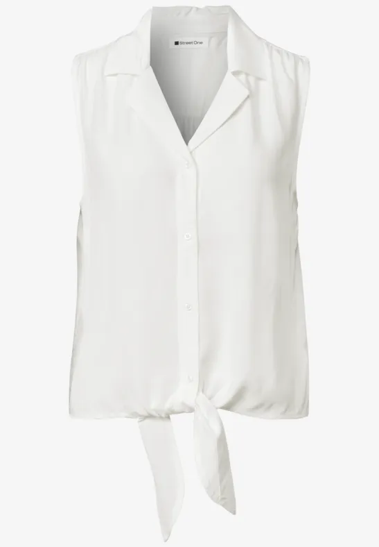 Ärmellose weiße Bluse mit V-Ausschnitt und Frontknoten