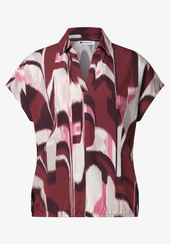 Kurzärmlige Bluse mit abstraktem Muster in Rot, Pink und Weiß