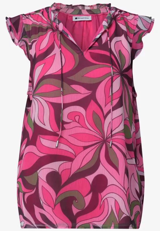 Pink-braun gemusterte Bluse mit kurzen Ärmeln und Rüschen, florales Design