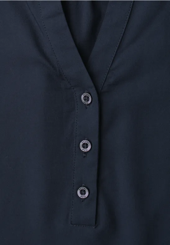 Donkerblauw shirt met lange mouwen, V-hals en drie knopen