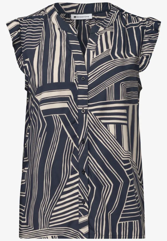 Bluse mit kurzen Ärmeln, Knopfleiste und abstraktem Schwarz-Weiß-Streifenmuster.