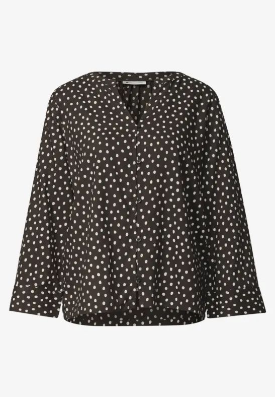 Schwarze Damenbluse mit V-Ausschnitt und weißem Herzmuster