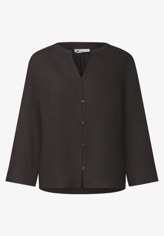 Schwarze langärmelige Bluse mit Knopfleiste und V-Ausschnitt, schlicht und elegant.