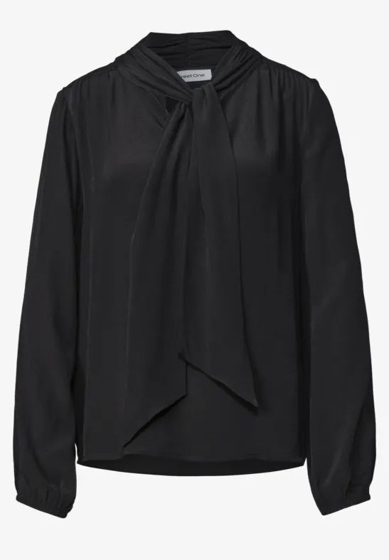 Schwarze Bluse mit langen Ärmeln und elegantem Schleifenkragen.