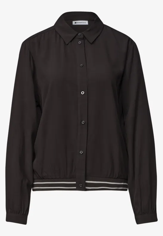 Schwarze Blouson-Jacke mit Hemdkragen, Knopfleiste und gestreiftem Saum