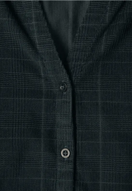 Dunkelgraue Strickjacke mit dezentem Glencheck-Muster und Knopfleiste.