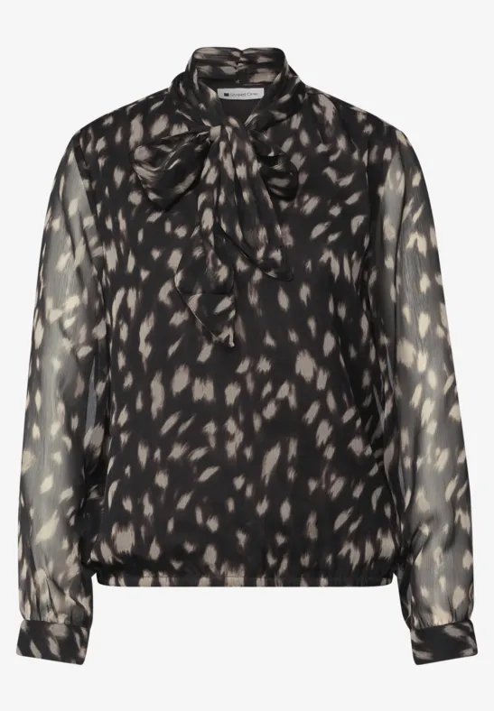 Schwarze, transparente Bluse mit dezentem Leopardenmuster und Schleifenkragen.