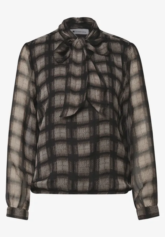Elegante zwarte, transparante blouse met ruitpatroon, lange mouwen en een striksluiting bij de hals.