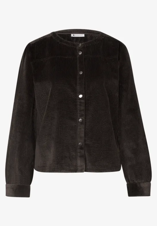 Schwarze Cordjacke mit Knopfleiste, rundem Ausschnitt und langen Ärmeln