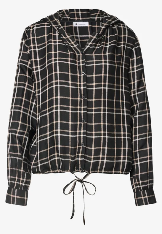 Schwarze Bluse mit beigefarbenem Karomuster, Knopfleiste und Tunnelzug am Saum.