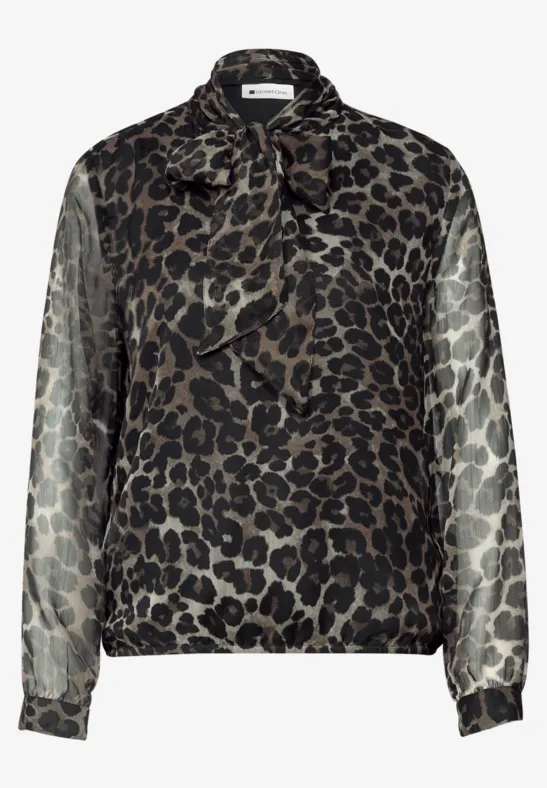 Damenbluse mit Leopardenmuster und Schleifenkragen, lange Ärmel, eleganter und trendiger Stil.