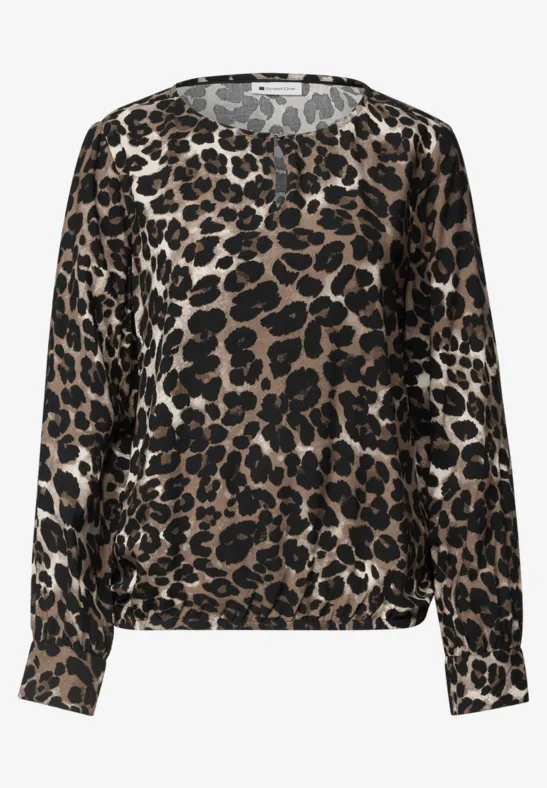 Damen-Bluse mit elastischem Saum, lange Ärmel und braun-schwarzem Leopardenmuster