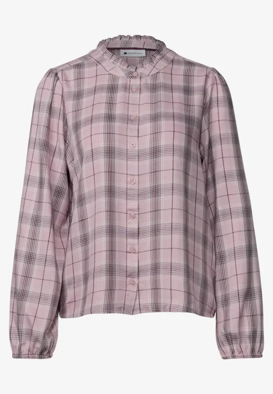 Rosa karierte Bluse mit Knopfleiste, klassischem Kragen und langen Ärmeln.