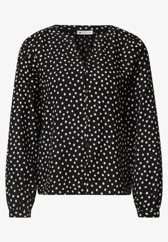 Schwarze Bluse mit weißem Herzmuster, V-Ausschnitt und langen Ärmeln