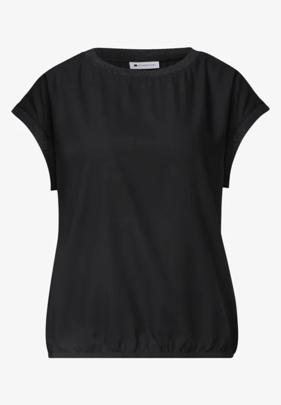 Schwarzes Kurzarmshirt mit weitem Rundhalsausschnitt und gerafftem Bund.