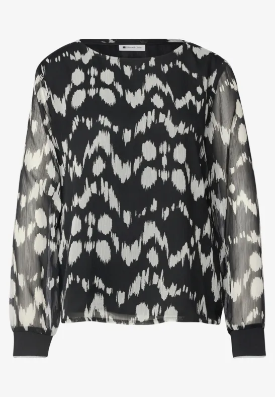 Schwarz-weiße Bluse mit abstraktem Muster, Chiffonärmel und Rundhalsausschnitt