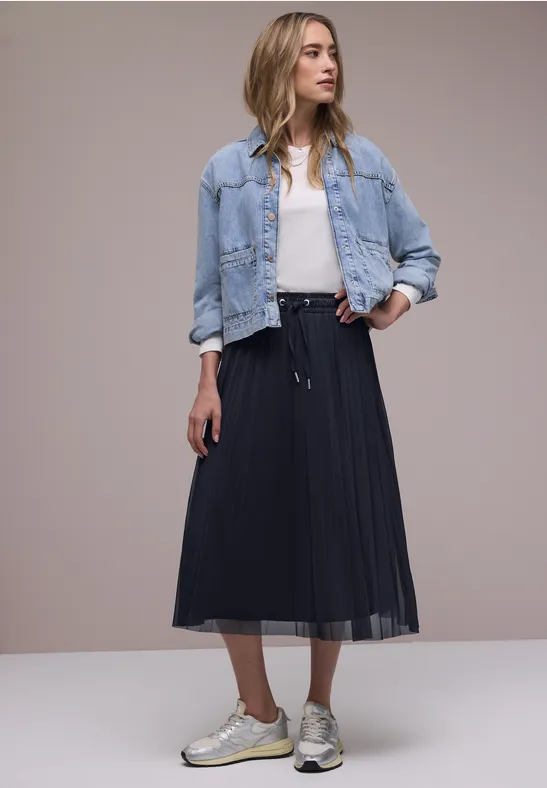 Midi-Rock aus Mesh in Plisséestruktur shadowed navy