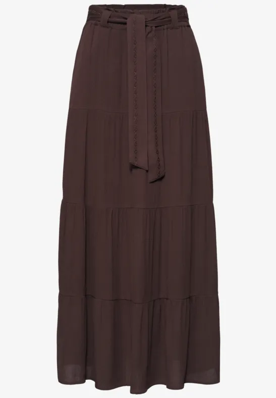 Maxi-Rock mit Volants und Gürteldetail espresso brown